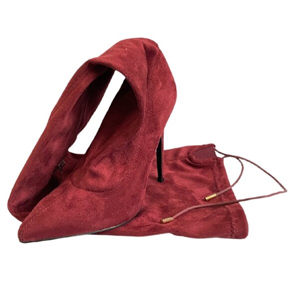 Statement Style Pointed Toe Thigh-High Silhouette Wine Red Stiletto Suede Boots - Picture 6 of 7